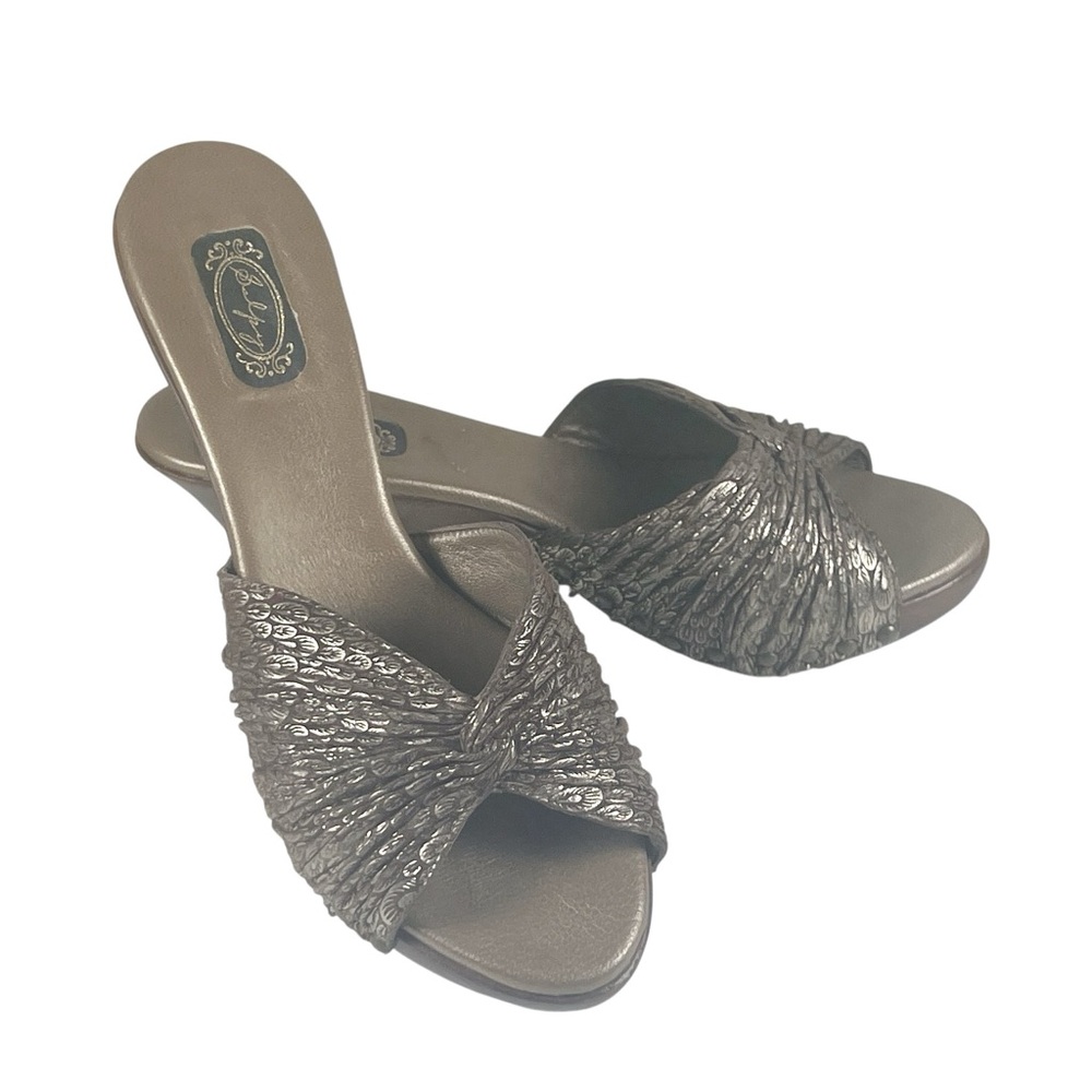 Salpy Brown and Gold Leather and Wood Leaf Slide Sandals Size 8 EUC Resort EUC